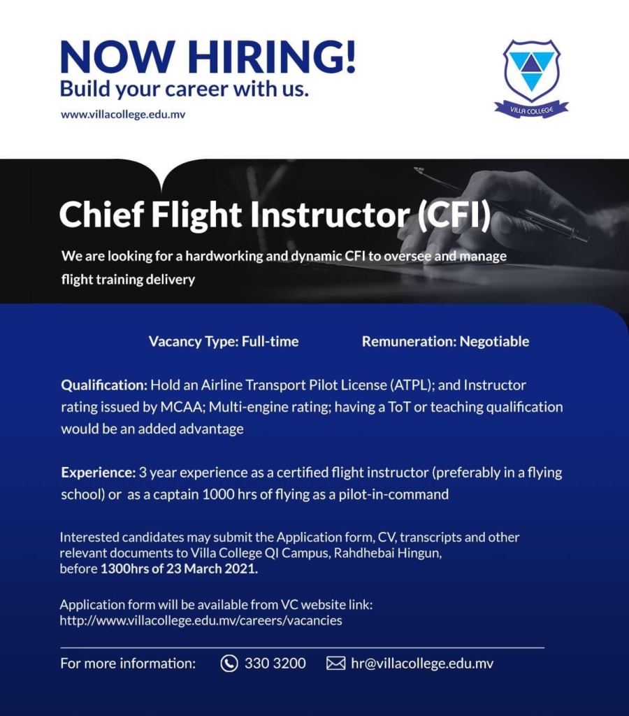 Villa College hiring instructors for Villa Air Flying School – The ...